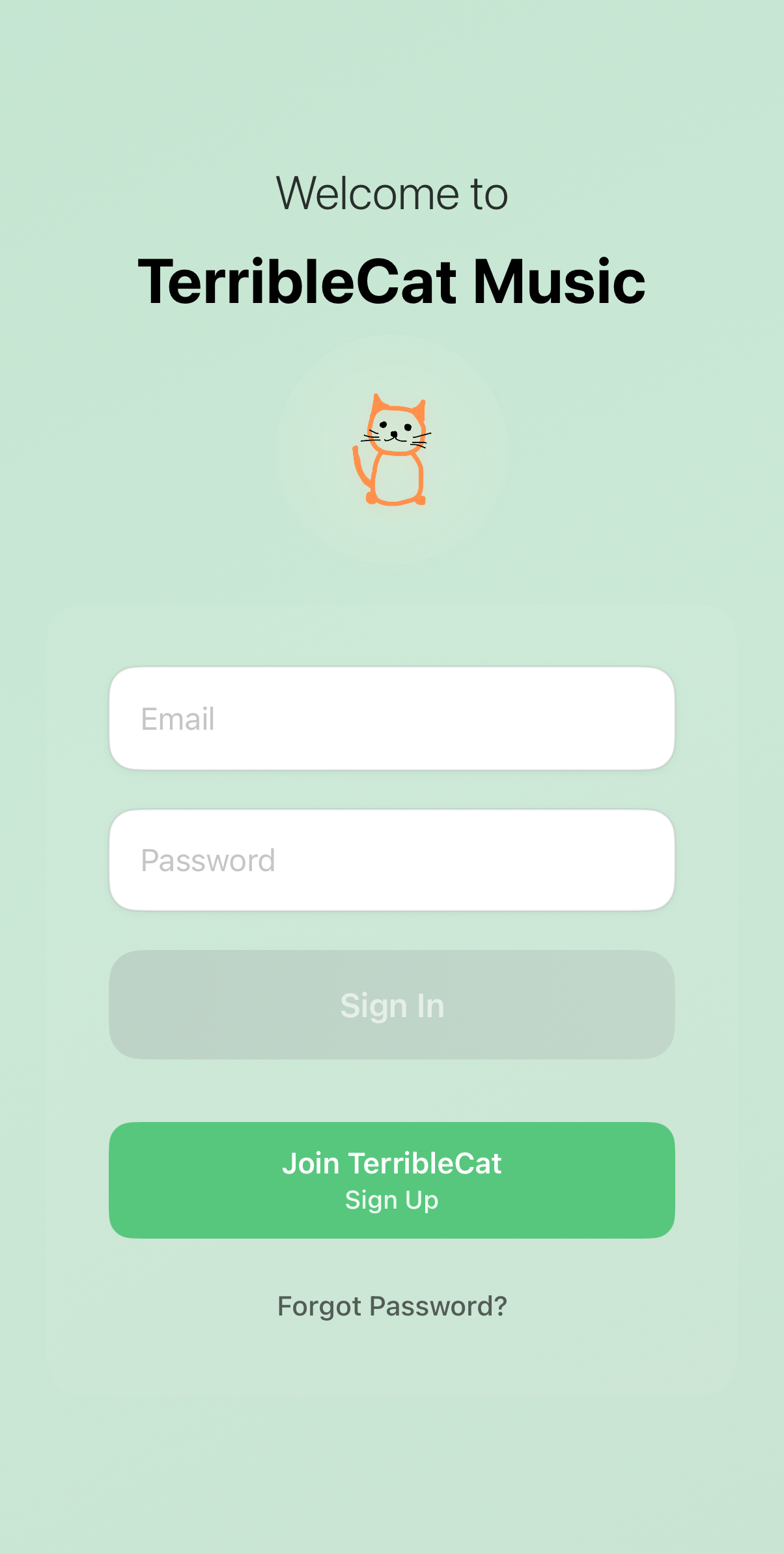 TerribleCat Music Independent Streaming App Login Screen - Algorithm-Free Music Discovery